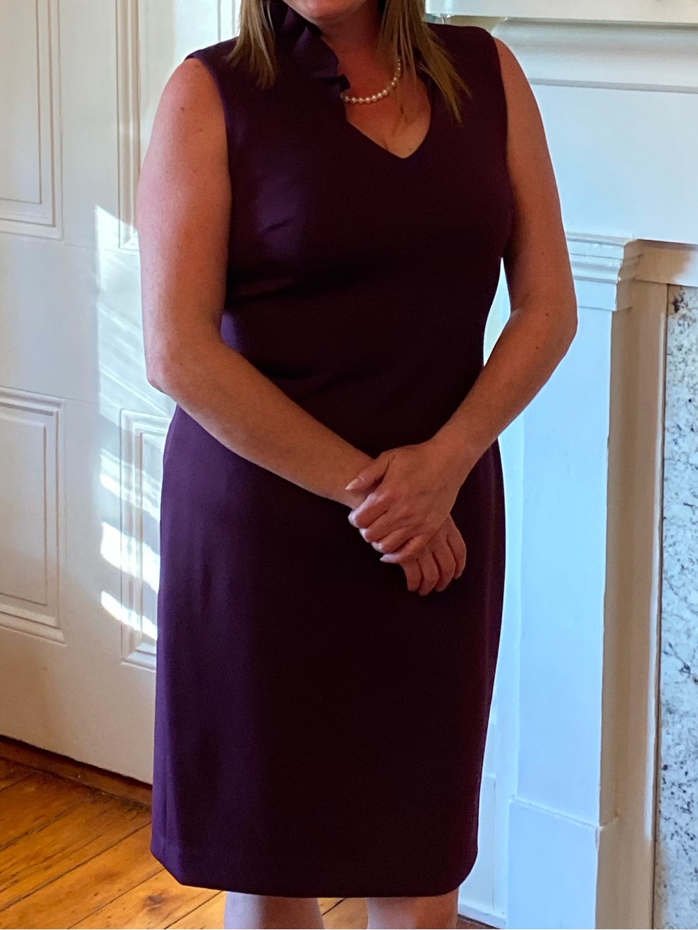 Calvin Klein Sleeveless Sheath Dress in Burgundy with Notch Detail